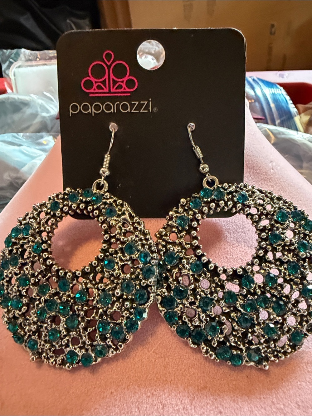 paparazzi Teal Crystal Filigree 2” Hoop Green Earrings, (J0295)